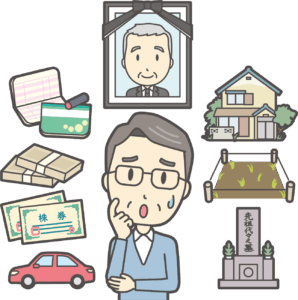 遺影や現金、住宅などの相続財産に囲まれて悩んでいる男性のイラスト