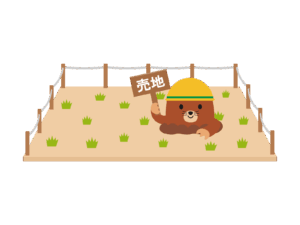 「売地」の看板が立つ空き地のイラスト。店舗の立地選びや土地探しのイメージ。
