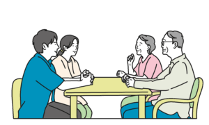 実家の今後について、家族4人がテーブルを囲んで穏やかに話し合っているイラスト。