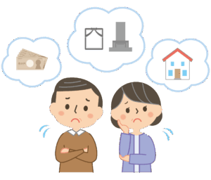誰も住まない実家問題で悩む夫婦のイラスト。頭の中にはお金、お墓(相続)、家のことでいっぱいになっている様子。