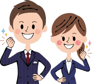 誰も住まない実家問題の解決をサポートしてくれる、頼りになる専門家(不動産会社や士業)をイメージした、スーツ姿の男女のイラスト。